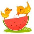 Birds eating a slice of watermelon. Vector illustration