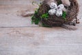 Birds eggs in nest on rustic wooden background, Easter concept postcard