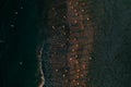 Birds eye aerial view of some seagulls standing on a beach and flying over the sea Royalty Free Stock Photo