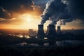 Birds eye power plant perspective, steam rises from cooling towers Royalty Free Stock Photo