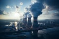 Birds eye power plant perspective, steam rises from cooling towers Royalty Free Stock Photo