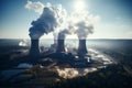 Birds eye power plant perspective, steam rises from cooling towers Royalty Free Stock Photo