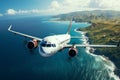 Birds eye view Aircraft passes over the sea and a distant island