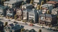 A birds eye view of a bustling residential neighbourhood, Miniature city layout. AI generated illustration