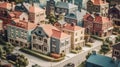 A birds eye view of a bustling residential neighbourhood, Miniature city layout. AI generated illustration