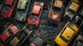 Birds eye view of a car junkyard. Old cars waiting to be shredded in a recycling park