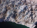 Birds eye view from a drone of the terminus of a heavily crevassed glacier in northeast Greenland