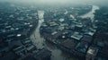 A birds eye view of a flooded village its streets transformed into murky rivers as a result of ongoing monsoon rains