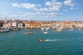 Birds eye view of the Grand Canal and Giudecca Canal with many boats in the lagoon at Venice, Italy Royalty Free Stock Photo