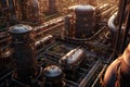 birds-eye view of intricate refinery pipelines and storage tanks