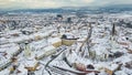 Birds eye view over historic city center of Sibiu, Romania at sunset. Royalty Free Stock Photo