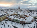 Birds eye view over historic city center of Sibiu, Romania at sunset. Royalty Free Stock Photo