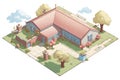 birds eye view of a ranch with a brick facade and a tiled roof, magazine style illustration