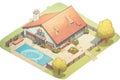 birds eye view of a ranch with a brick facade and a tiled roof, magazine style illustration