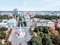 Birds eye view shot of Lattelecom marathon by the statue of liberty - Milda in Riga, Latvia