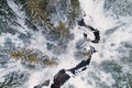 Birds eye view of small river in snowy forest Royalty Free Stock Photo