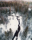 Birds eye view of small river in snowy forest Royalty Free Stock Photo