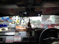 Birds eye view taxi driving through traffic jams in Kuala Lumpur city, Malaysia