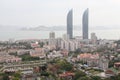 Birds-eye view of twin towers and Xiamen University campus in Xiamen city, southeast China Royalty Free Stock Photo