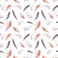 Birds feathers seamless pattern. Watercolor wallpaper