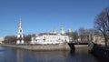 A birds flies over the Kryukov Canal at the Naval Nikolsky Cathedral