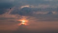 Birds Flock Flying in Crimson Sunrise behind Clouds and Alps Mou