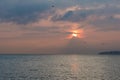 Birds Flock Flying over Lake Leman with Sunrise behind Clouds an Royalty Free Stock Photo