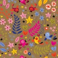 Birds and Flowers on Brown Background Geometrical Pattern Seamless Repeat Background