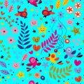 Birds and Flowers on Cyan Background Geometrical Pattern Seamless Repeat Background