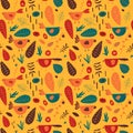 Birds and flowers folk hand drawn vector seamless pattern with blue, red, yellow, orange colours. Plants, leaves, bushes