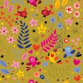Birds and Flowers on Gold Background Geometrical Pattern Seamless Repeat Background