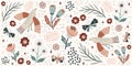 Hand-drawn imperfect birds, flowers, and butterflies. Horizontal floral banner design template.