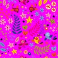 Birds and Flowers on Magenta Background Geometrical Pattern Seamless Repeat Background