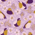 Mustard purple birds flowers repeat pattern fabric print background Royalty Free Stock Photo