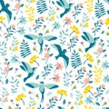 Birds and Flowers. Vector Hand Drawn Seamless Pattern on White Background Royalty Free Stock Photo