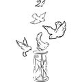 Birds fly near the hourglass sketch vector illustration