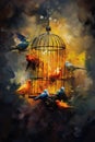 Birds fly out of the cage. In style of oil painting. Metaphorical associative card on theme of Liberation. Psychological