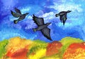 Birds fly south over the autumn forest. Children`s drawing Royalty Free Stock Photo