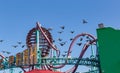 Birds flying around and hovering over amusement park in Santa Monica Pier California