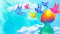 Birds flying in blue sky abstract art mind mental health spiritual healing human head free freedom feeling watercolor painting Royalty Free Stock Photo