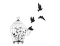 Birds Flying from the cage, flying birds silhouettes, cage illustration, freedom symbol, wall decals, wall artwork Royalty Free Stock Photo