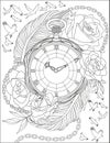 Birds Flying Drawing Around Antique Pocketwatch Surrounded By Beautiful Roses And Large Feathers. Vintage Timer Line