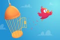 Birds freedom. Cute little flying birds go away from cage opening locked way concept escape prisoner exact vector