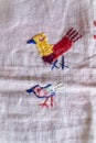 Birds handmade embroidered smooth decoration on white fabric , vintage folk embroidery in Belarus, second half of 19