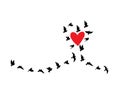 Flying birds silhouettes around a heart isolated on white background, vector. Royalty Free Stock Photo