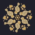 Birds and hearts mandala. gold and black Vector illustration