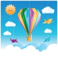 Birds and hot air balloon origami with clouds and sun