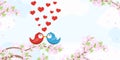 Birds in love on blossom branches