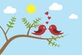 Birds in love kissing on summer day on branches and sun in background Royalty Free Stock Photo