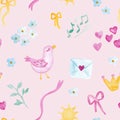 Birds with music notes and letters watercolor painting - hand drawn seamless pattern on pink Royalty Free Stock Photo